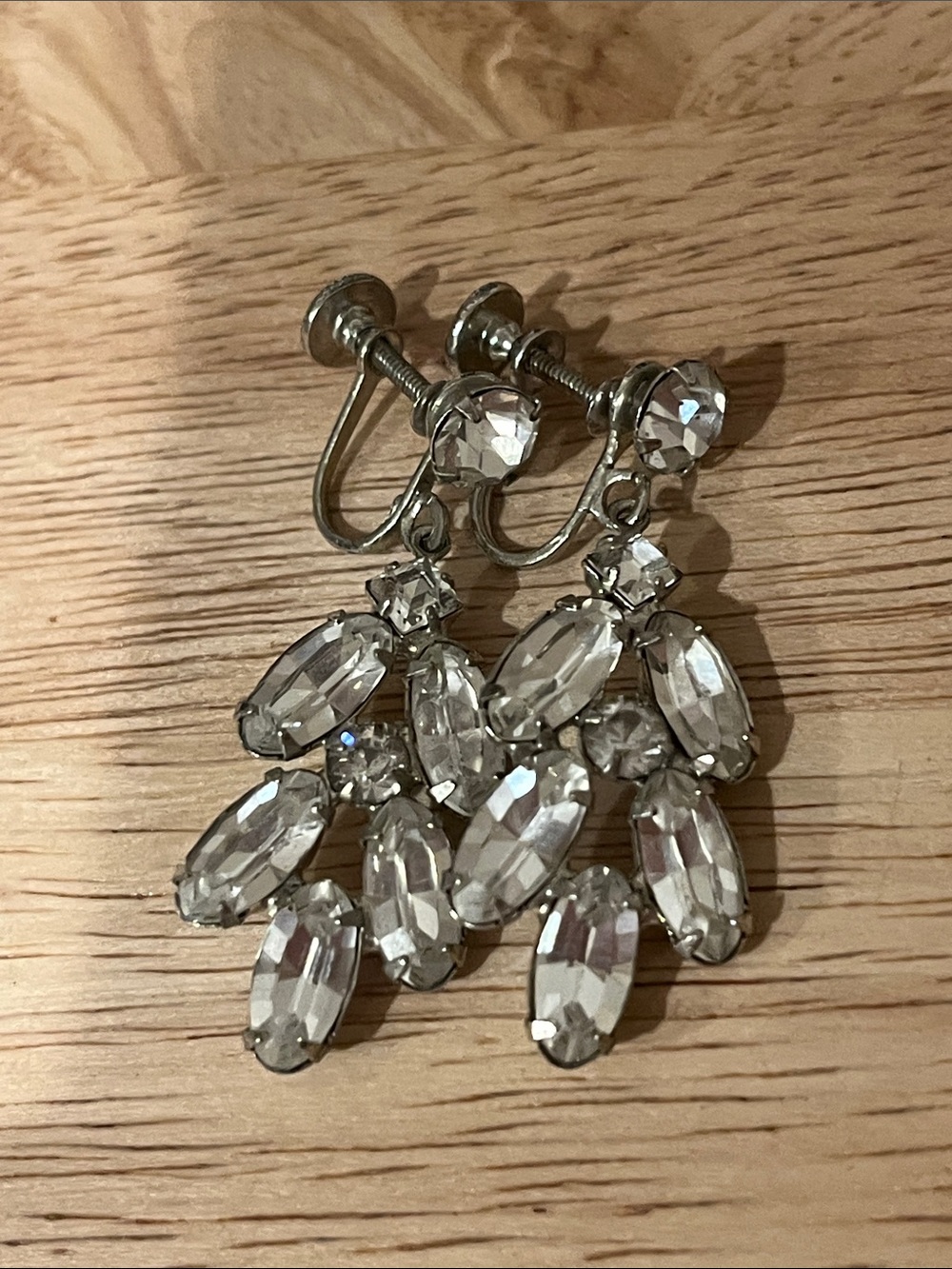 Vintage Clear Crystal Dangle Clip-On Earrings - Silver Tone